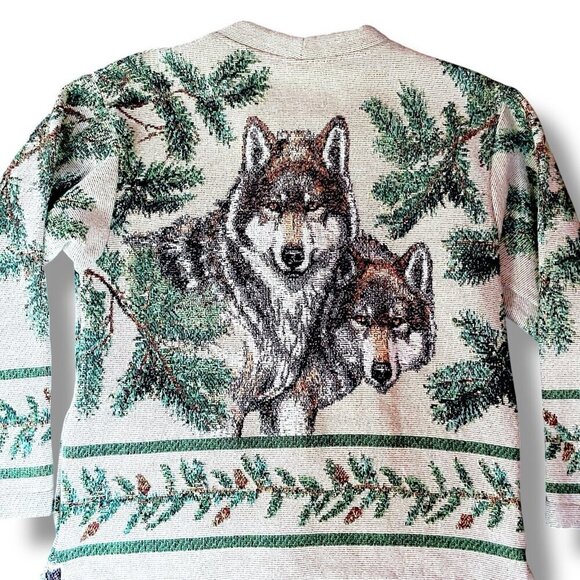 Vintage AU Art Unlimited Sportswear Mens Tapestry Pullover Sz S/M Wolves Nature - Picture 6 of 7